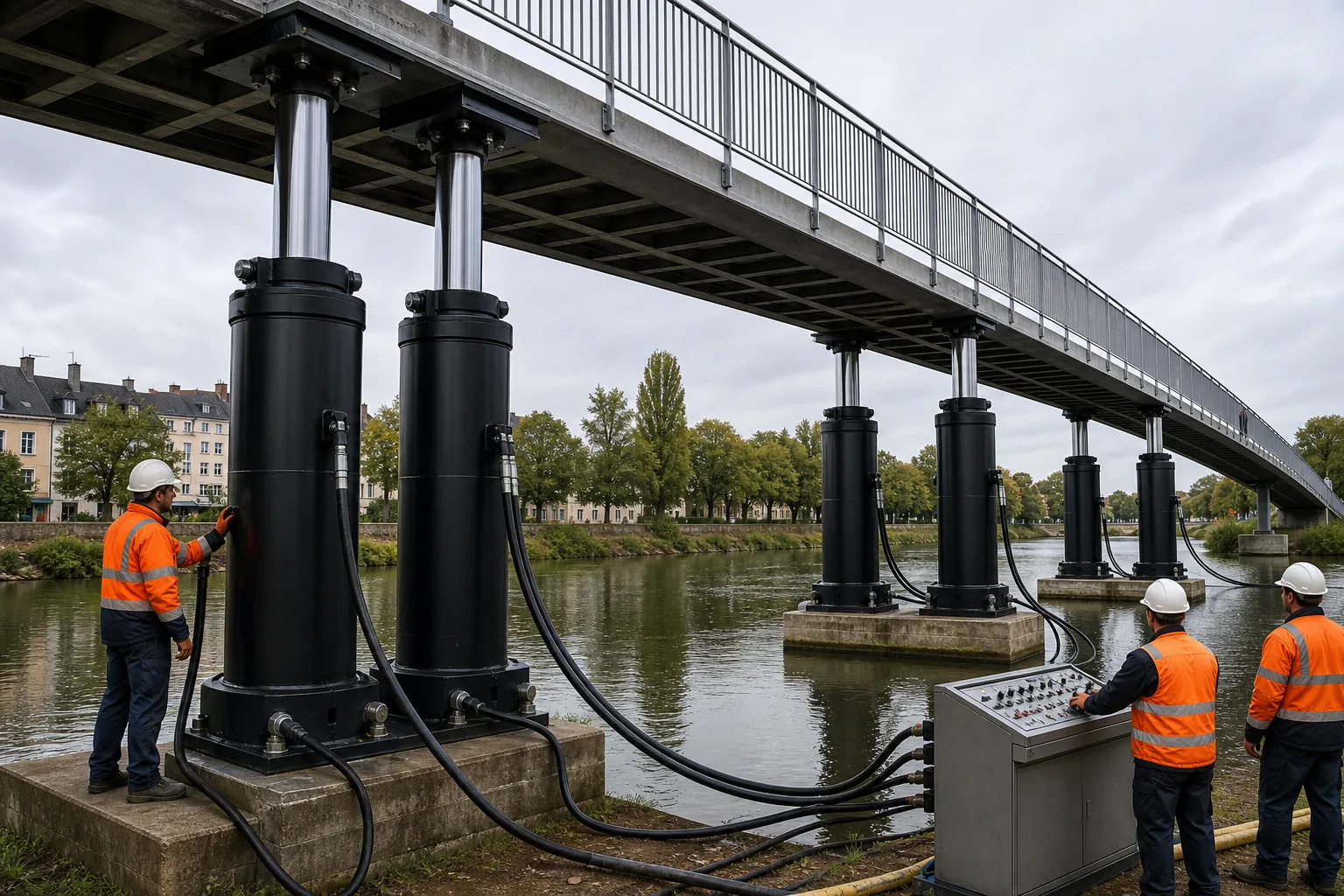 Au-dessus d’une rivière, chaque appui d’une passerelle est constitué de deux vérins hydrauliques géants reliés à un poste de commande sur la berge.