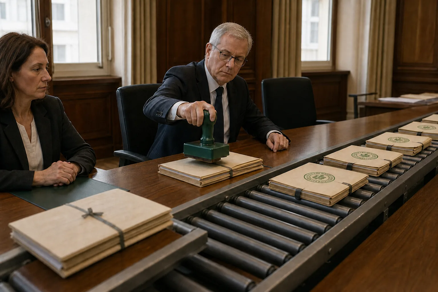 Dans une salle de décision, un responsable tamponne des dossiers fermés qui défilent sur un tapis roulant sous le regard sérieux d’une collègue.