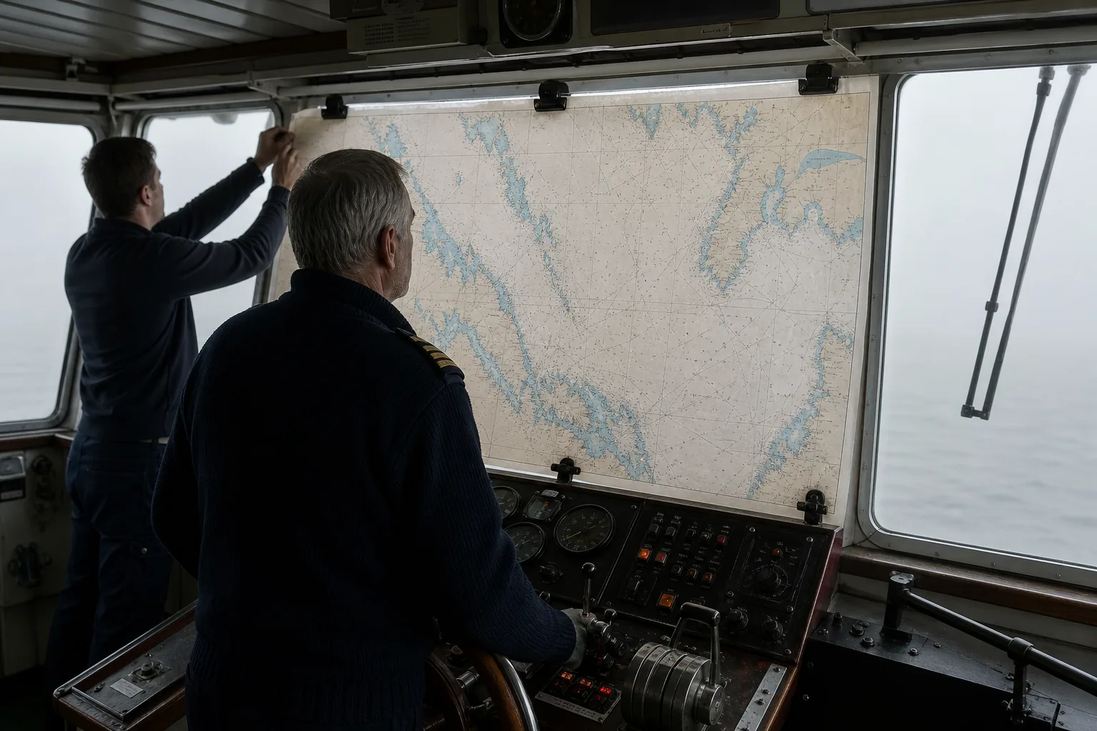 Dans la passerelle d’un navire entouré de brouillard, un marin fixe une grande carte marine devant le pare-brise tandis que le capitaine la regarde pour naviguer.