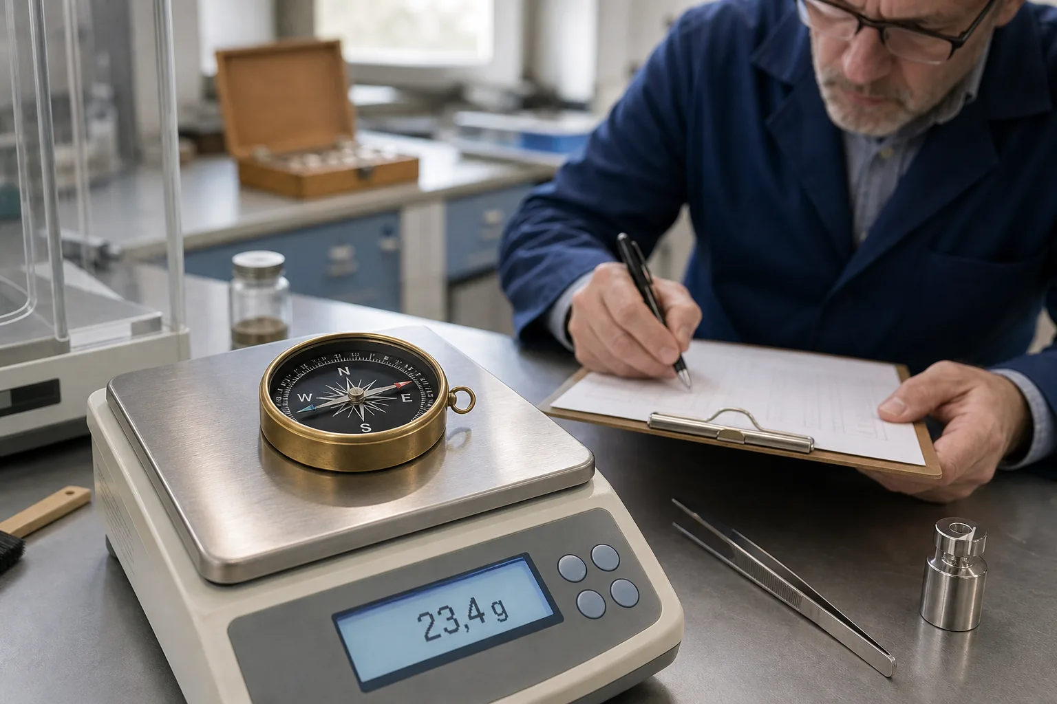 Un technicien consigne la masse d’une boussole posée sur une balance de précision affichant 23,4 grammes.