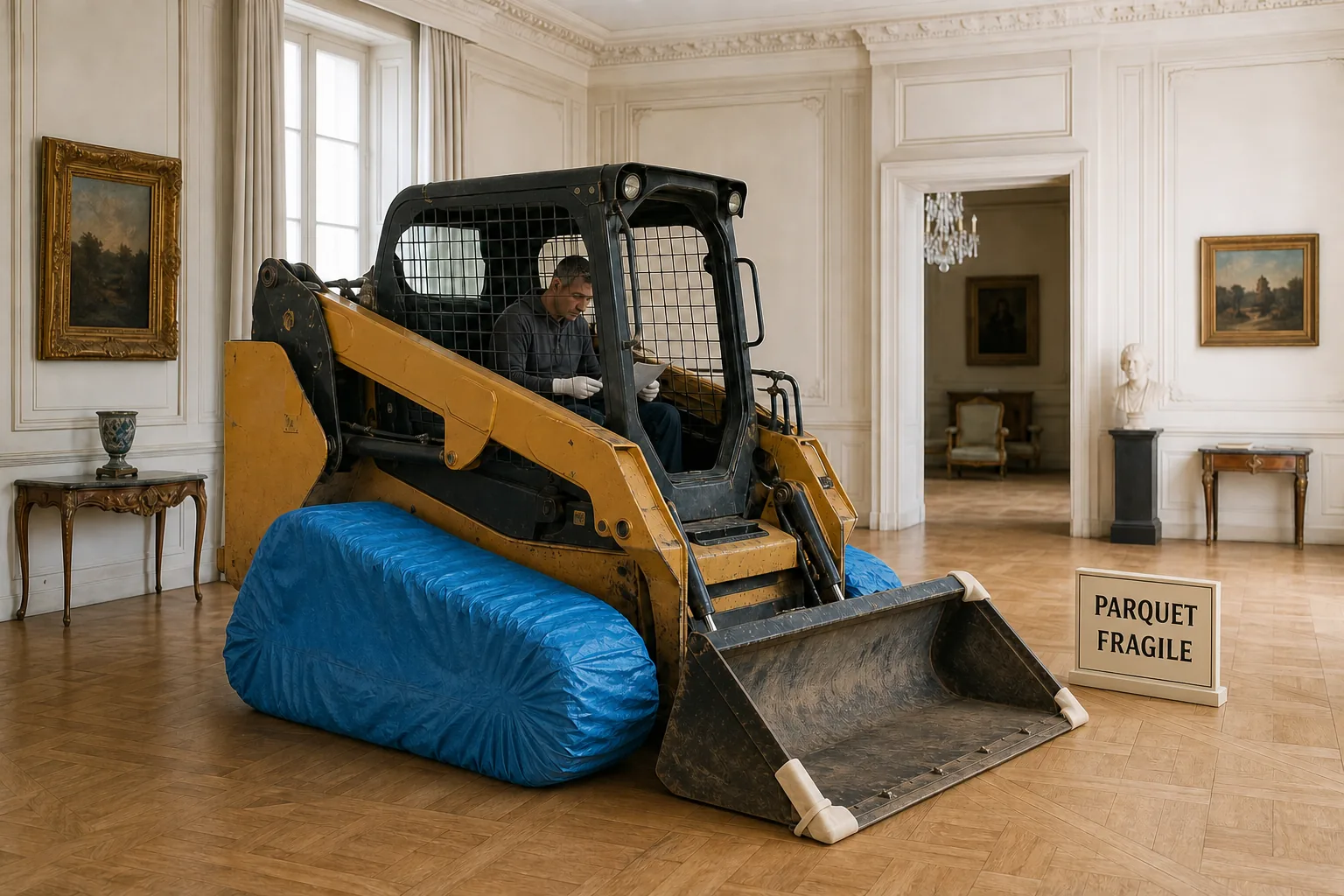 Dans un intérieur raffiné, un bulldozer porte des surchaussures sur ses chenilles et des protections en feutre sur son godet ; son conducteur, ganté de blanc, vérifie une liste près d’un panneau Parquet fragile.