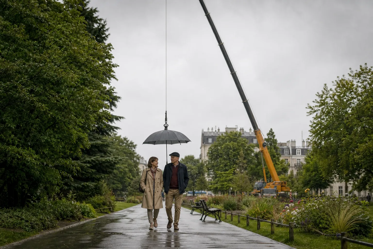 Sous une pluie légère, un couple marche sous un parapluie maintenu au-dessus de lui par le câble d’une grue éloignée.