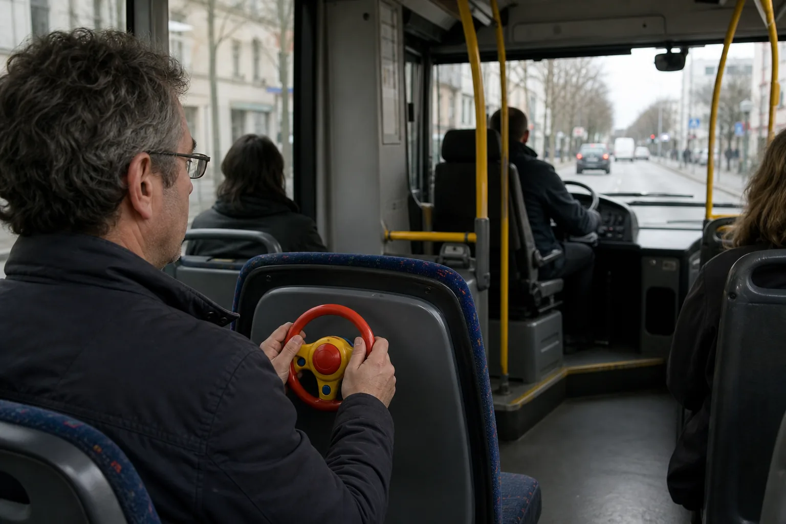 Dans un autobus en marche, un passager tient sérieusement un petit volant en plastique tandis que le véritable conducteur conduit devant lui.