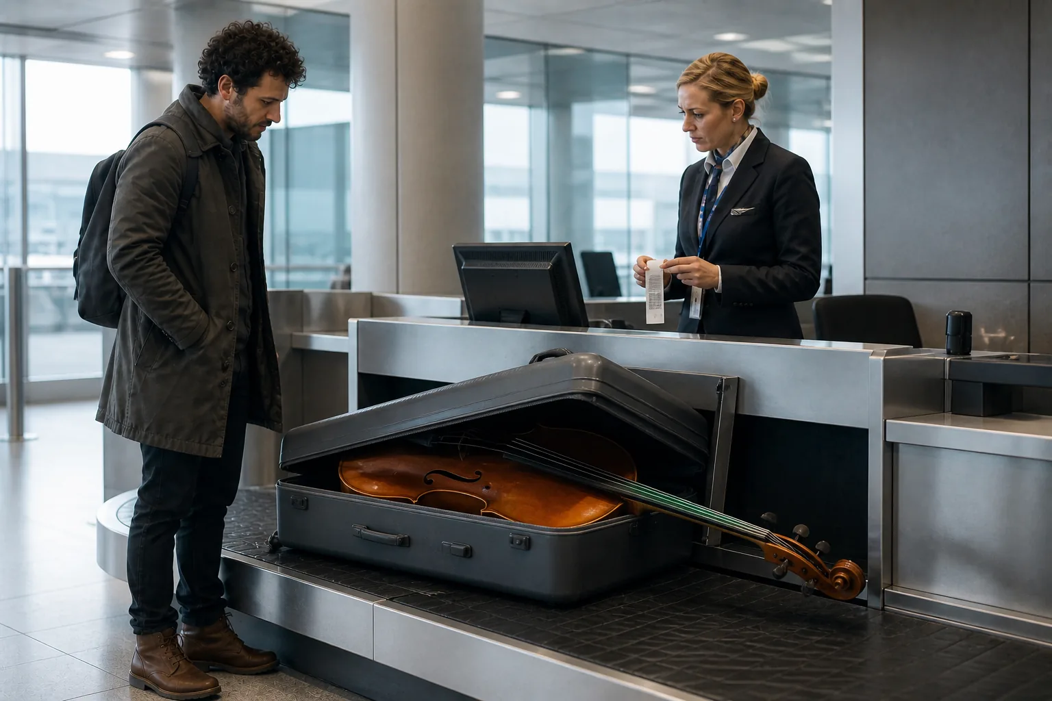 À l’enregistrement d’un aéroport, le corps d’un violoncelle est placé dans une valise ouverte sur le tapis à bagages, mais son long manche dépasse tandis qu’une agente observe la scène.