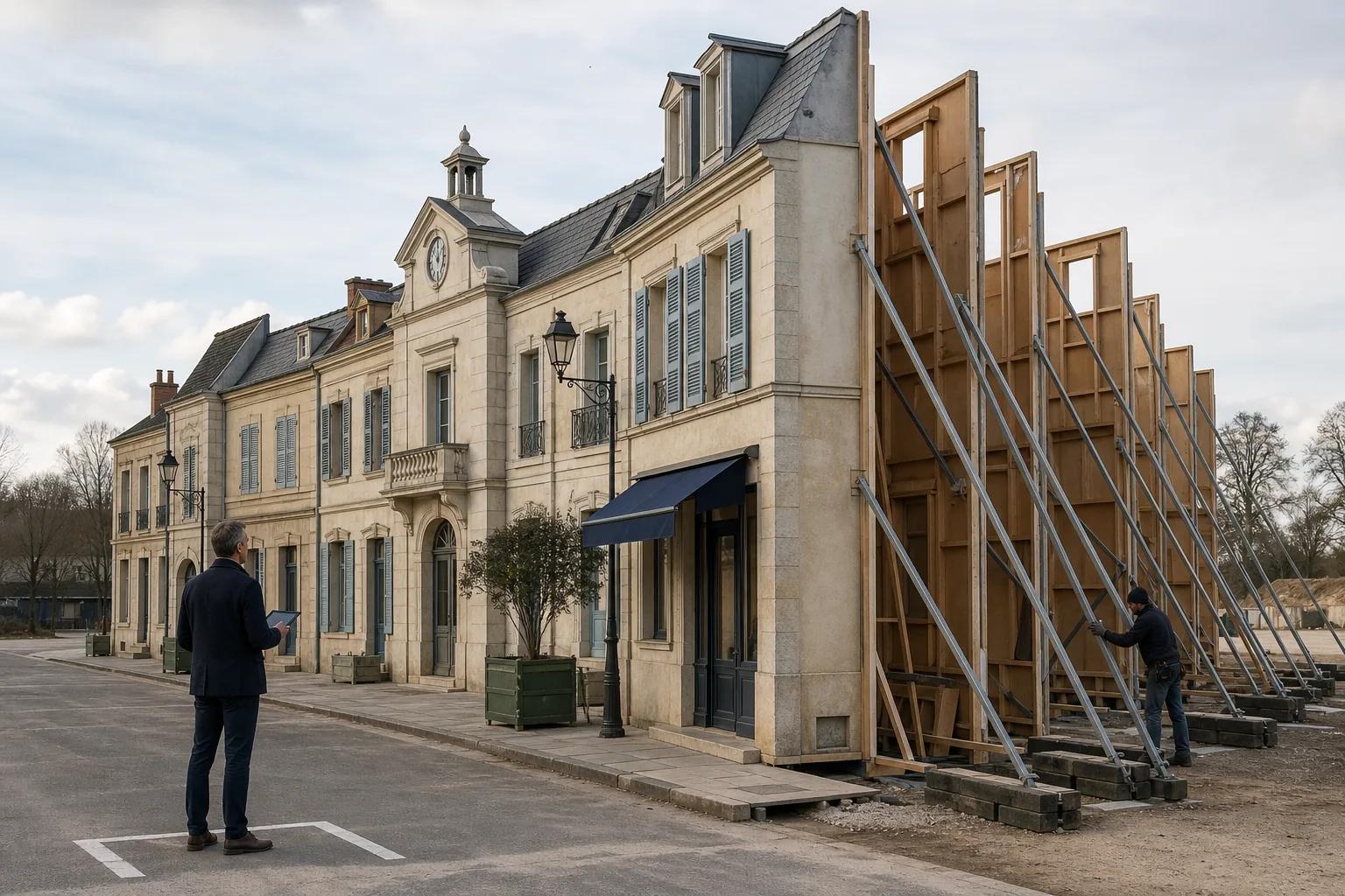 Une rue française reconstituée grandeur nature paraît complète de face, mais la vue de côté révèle des façades sans intérieur maintenues par des étais.
