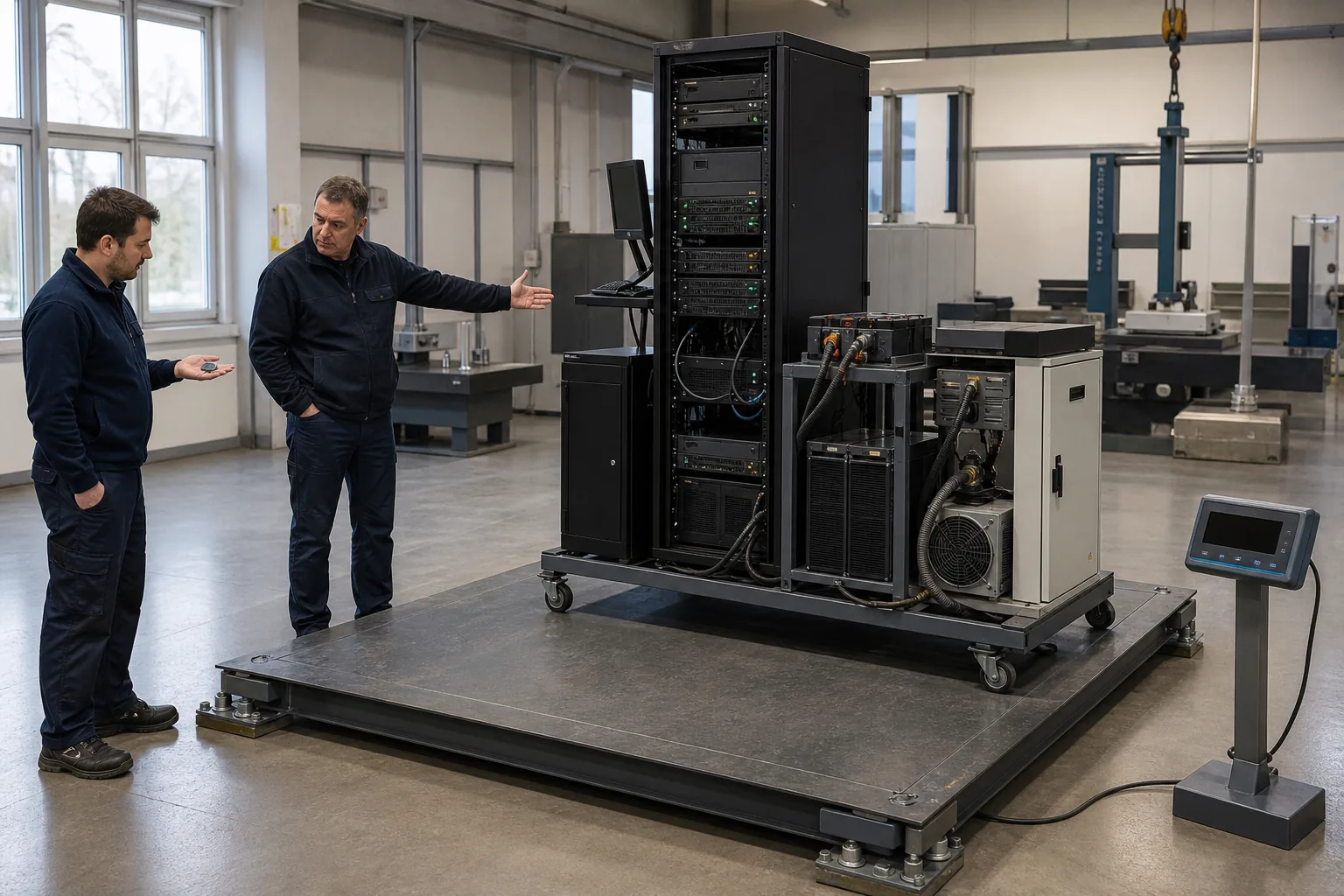 Dans un hall de métrologie, une baie de serveurs, ses batteries, son refroidissement et ses équipements réseau sont réunis sur une grande balance industrielle, tandis qu’un technicien tient un minuscule capteur.