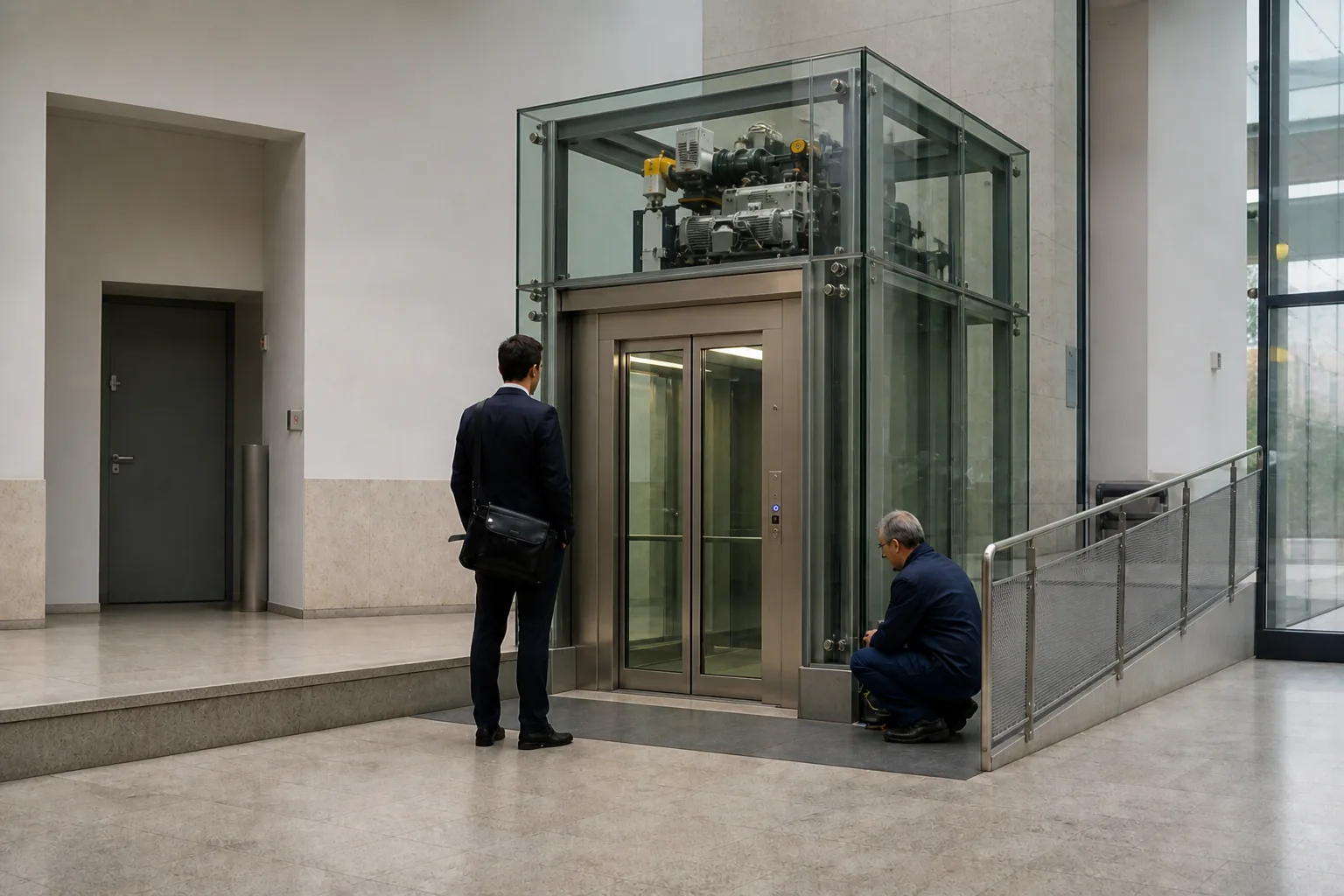 Dans le hall d’un bâtiment, un ascenseur complet et sa machinerie ont été installés pour franchir une seule marche, alors qu’une rampe se trouve juste à côté.