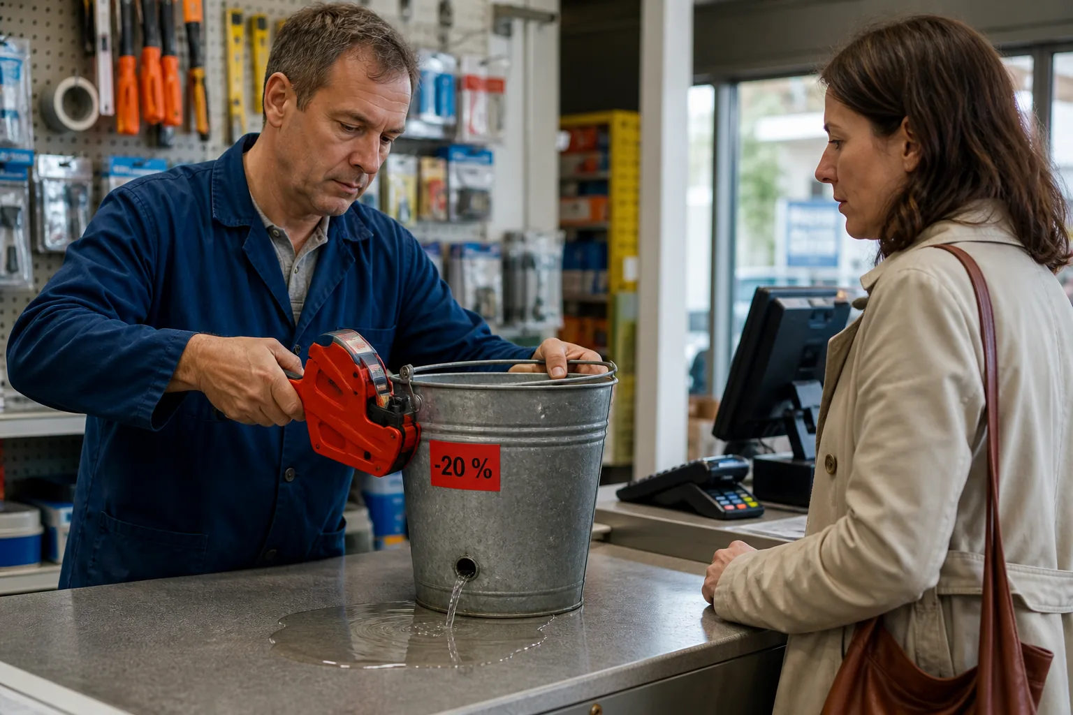 À la caisse d’une quincaillerie, un vendeur applique une réduction de vingt pour cent sur un seau percé qui continue de fuir sur le comptoir.