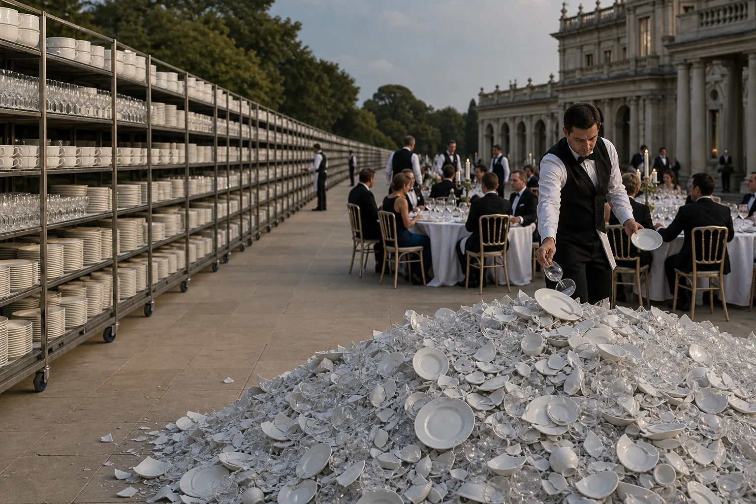Dans l’arrière-cour d’un vaste service de réception, des piles presque infinies de porcelaine et de cristal neufs bordent des tables dressées, puis une montagne de vaisselle cassée.