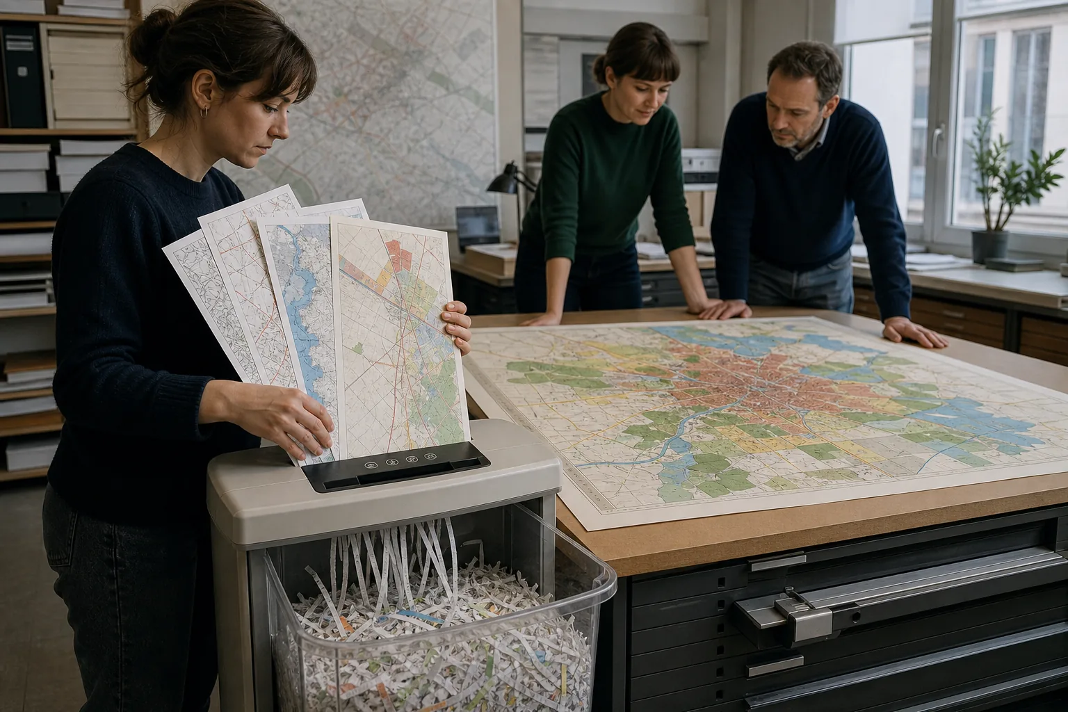 Dans un bureau d’urbanisme, deux personnes admirent une carte de synthèse tandis qu’une collègue introduit les différentes cartes sources dans un destructeur de documents.
