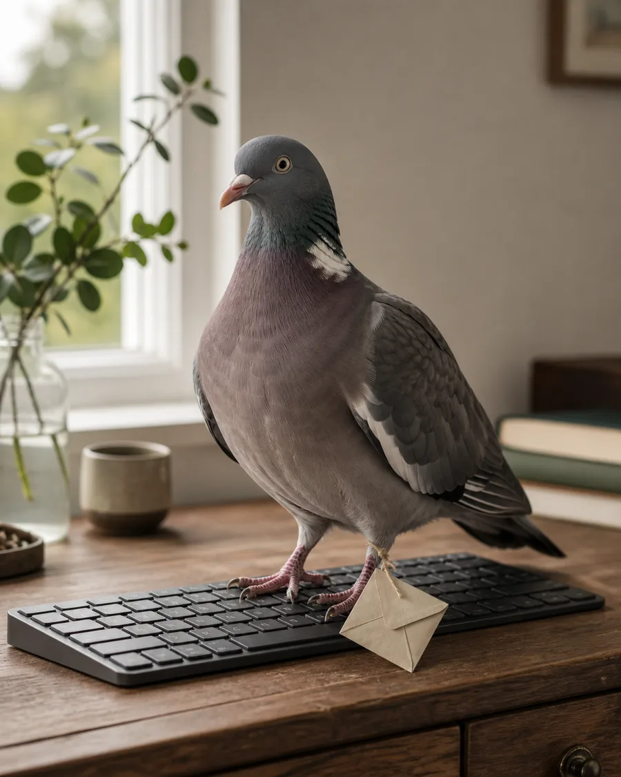 Un pigeon très sérieux posé sur un clavier d’ordinateur, une enveloppe attachée à la patte